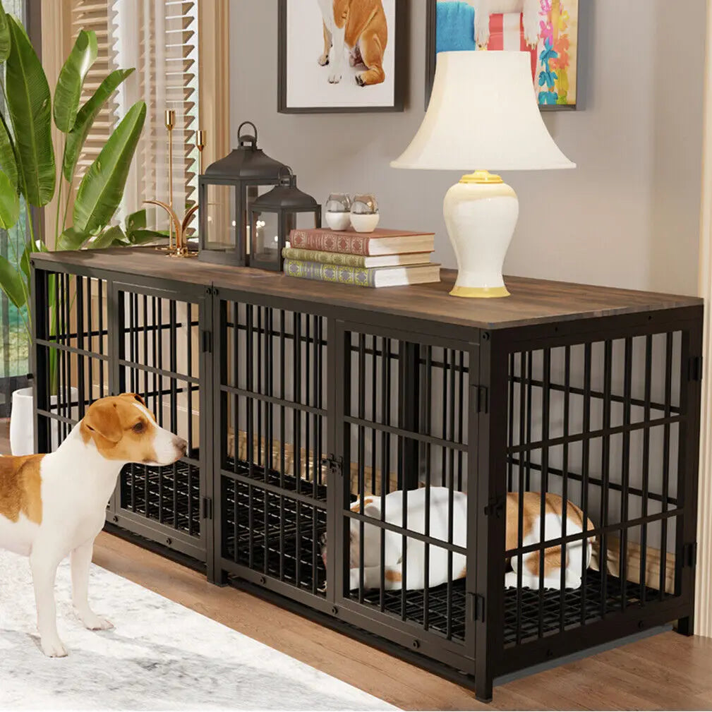 Furniture Style Metal Wood Dog Crate End Table With Three Doors Removable Tray