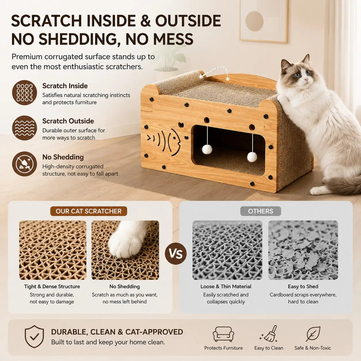 2In1 Feline Cat Scratcher Lounge Bed With Pom Balls