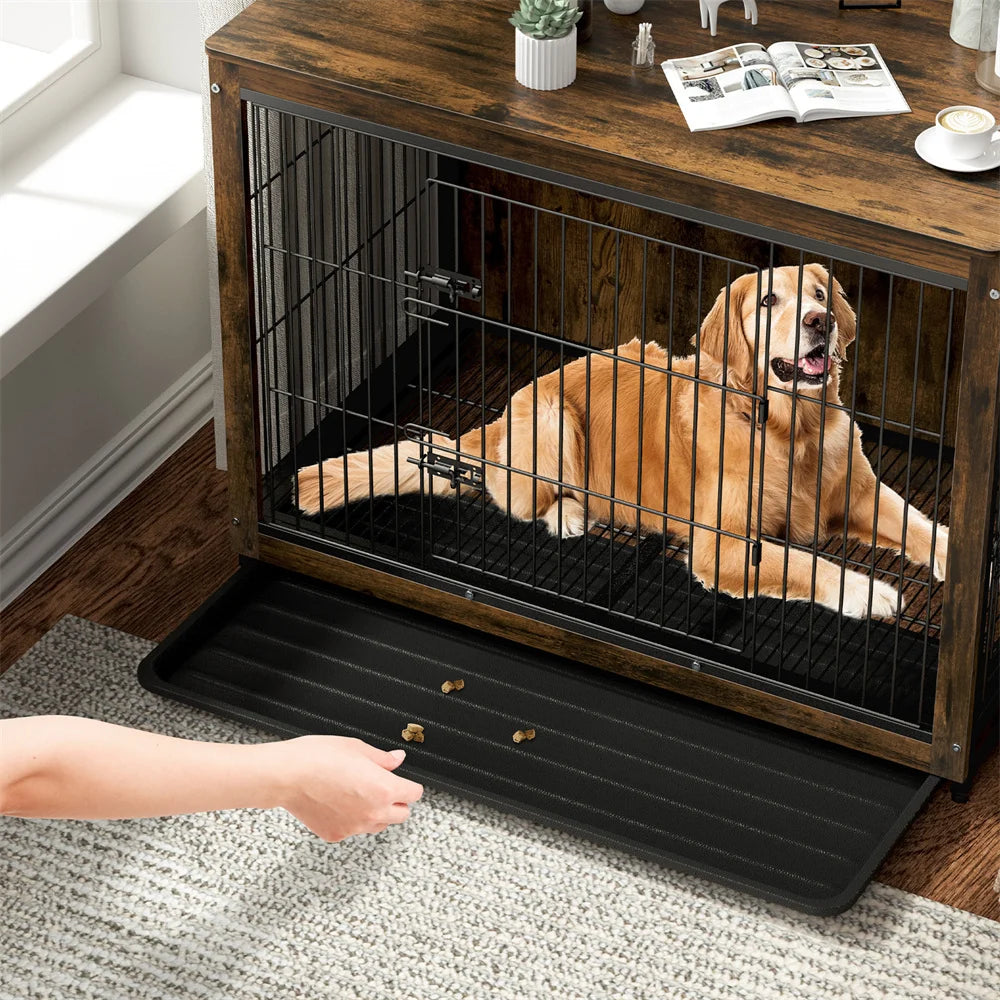 BORWART Large Elevated Dog Crate End Table Kennel With Double Door