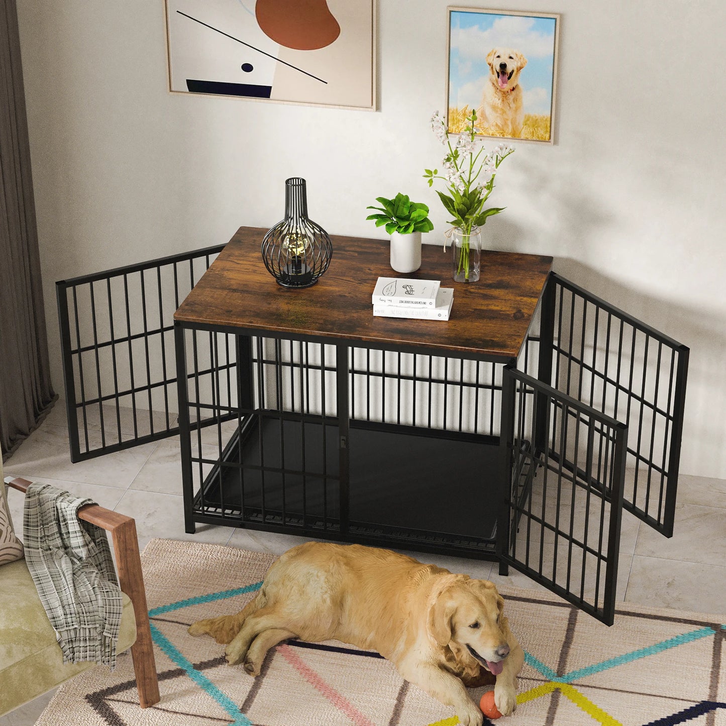BORWART Wooden Elevated Dog Crate End Table With 3 Doors