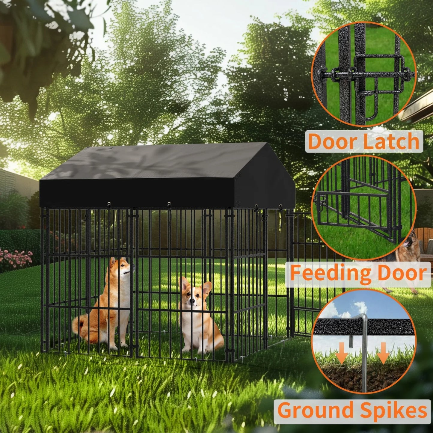 Outdoor Dog Kennel With Roof Heavy Duty Metal Crate Enclosure