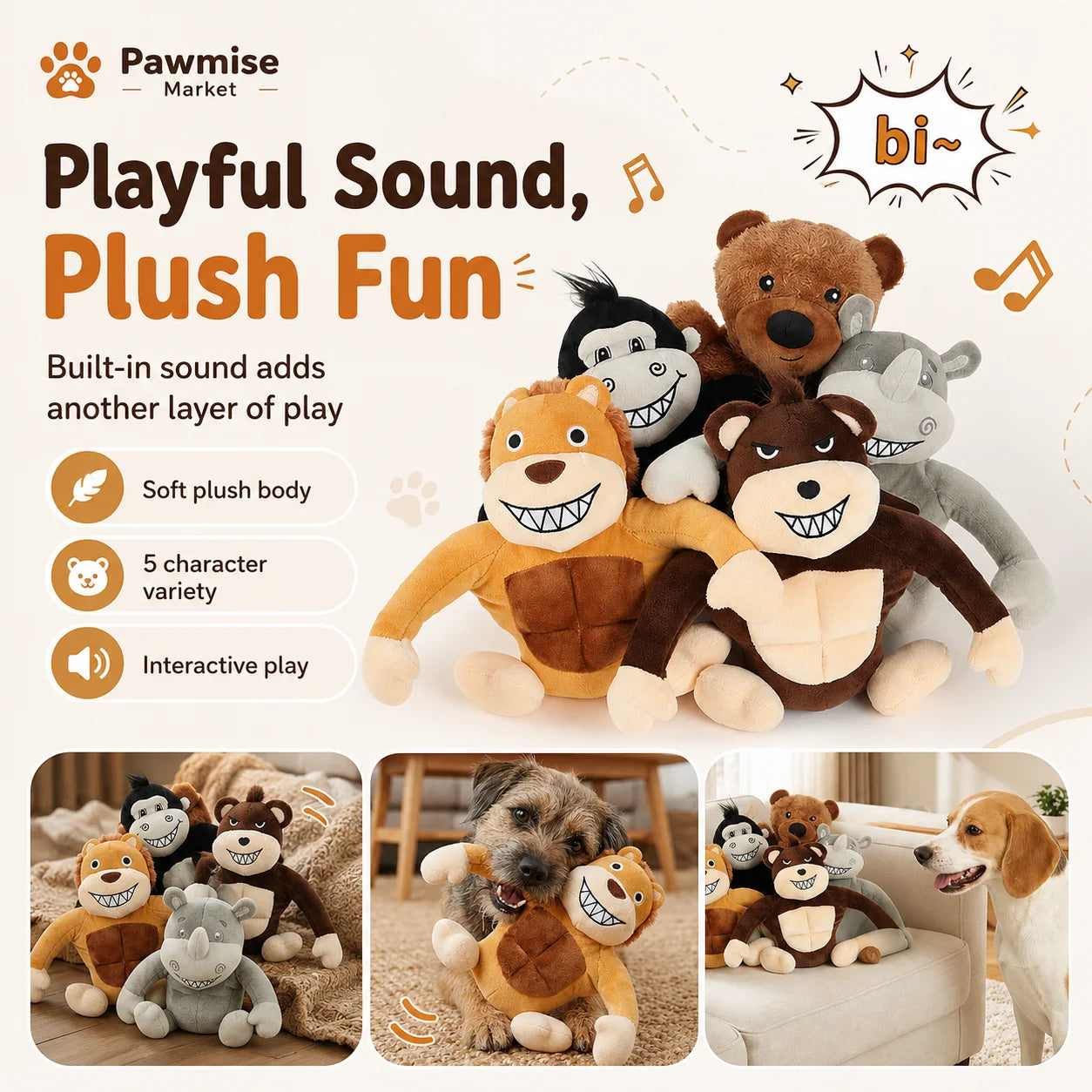 Five Piece Plush Squeaky Pet Toys For Dogs And Cats
