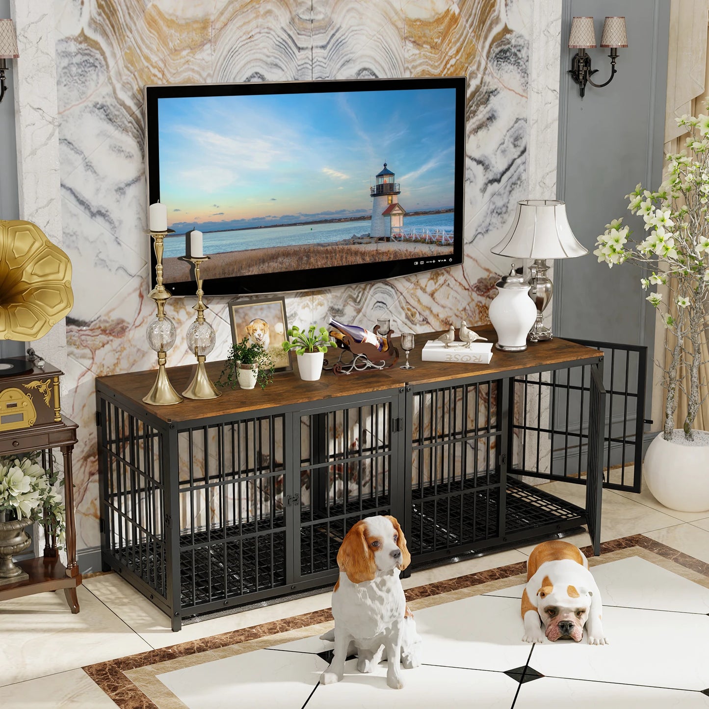 BORWART Wooden Elevated Dog Crate End Table With 3 Doors