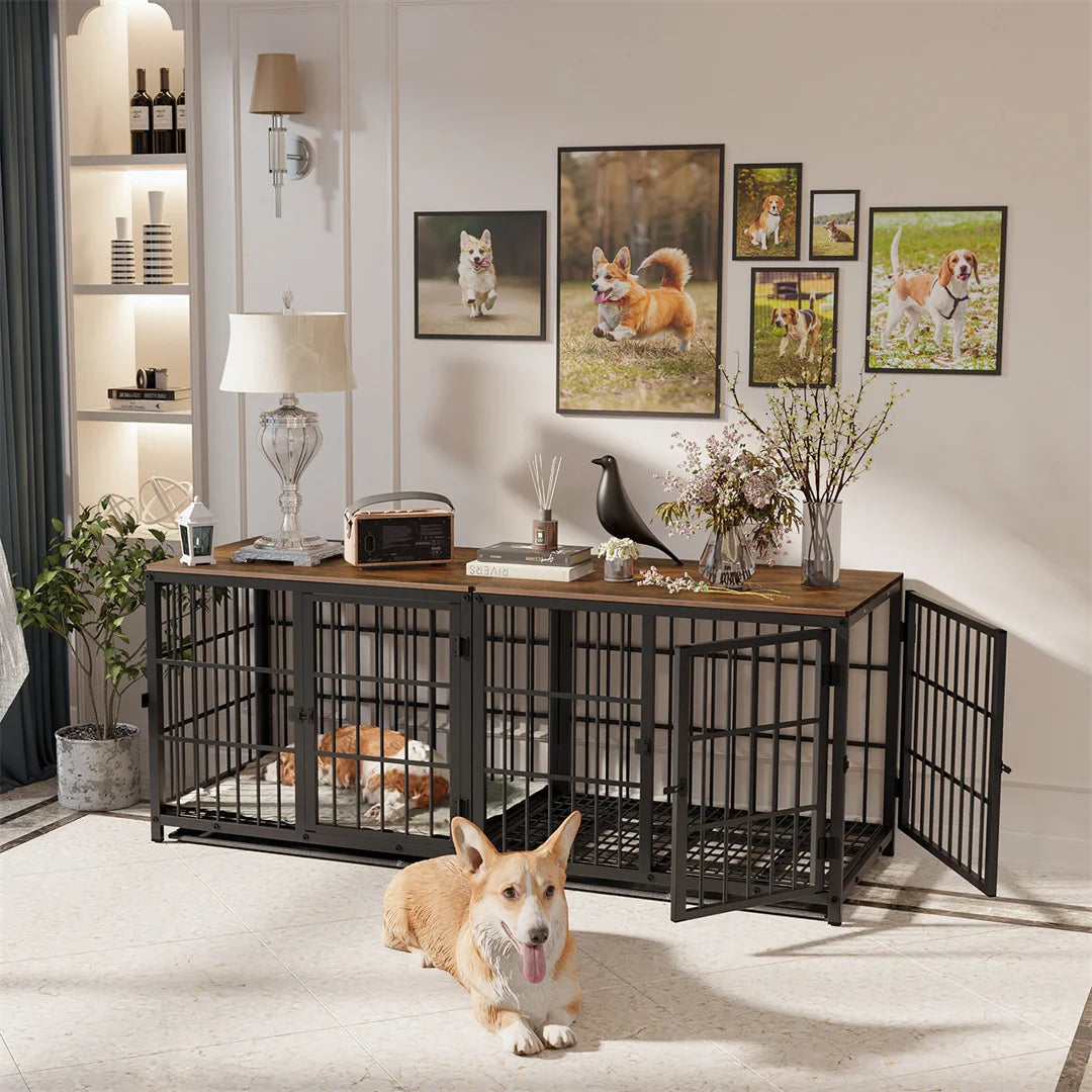 BINGOPAW Furniture Style Dog Crate End Table With Three Doors And Removable Tray