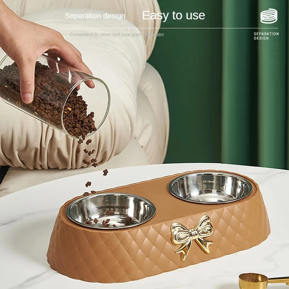Bow Tie Pet Bowl Dual Feeder With Plastic Base And Double Bowls