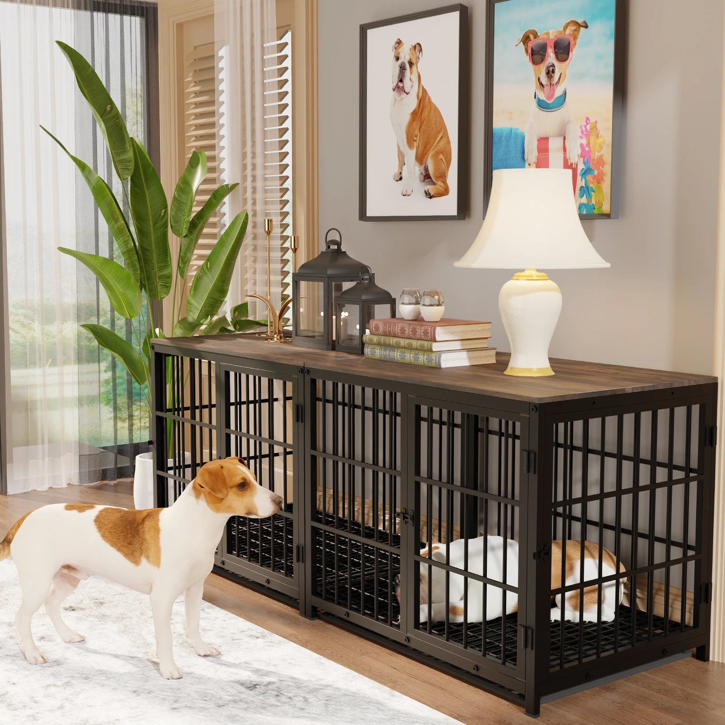 BORWART Wooden Elevated Dog Crate End Table With 3 Doors