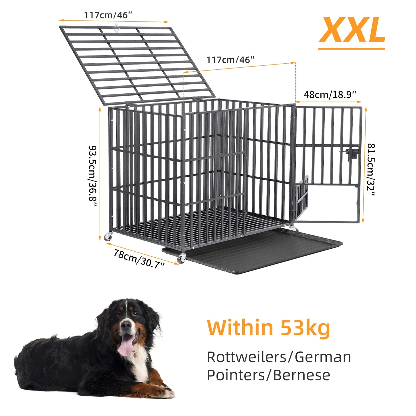 BORWART Heavy Duty Dog Crate With Lockable Wheels And Tray