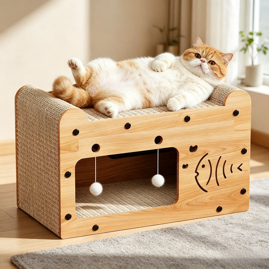 2In1 Feline Cat Scratcher Lounge Bed With Pom Balls