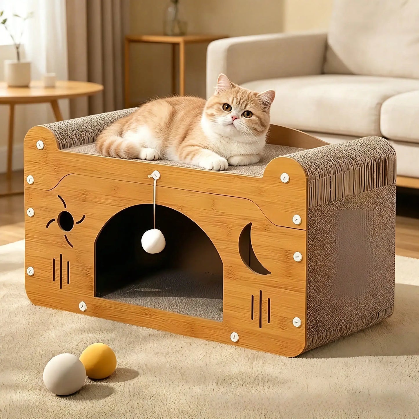2In1 Feline Cat Scratcher Lounge Bed With Pom Balls