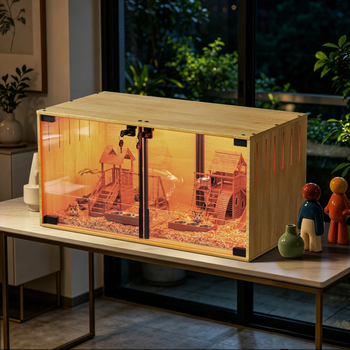 Wooden Hamster Cage With Removable Divider And Tempered Glass Panels
