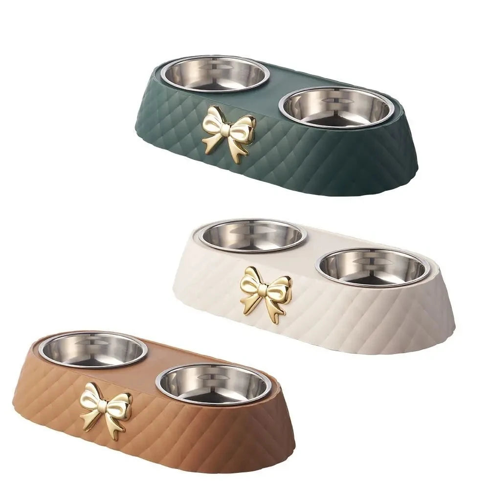 Bow Tie Pet Bowl Dual Feeder With Plastic Base And Double Bowls