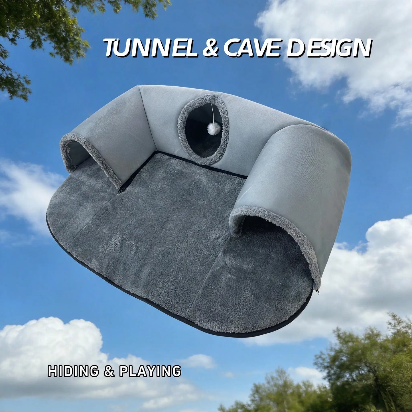 2 In 1 Cat Tunnel Bed With Plush Cushion And Hideaway Cave
