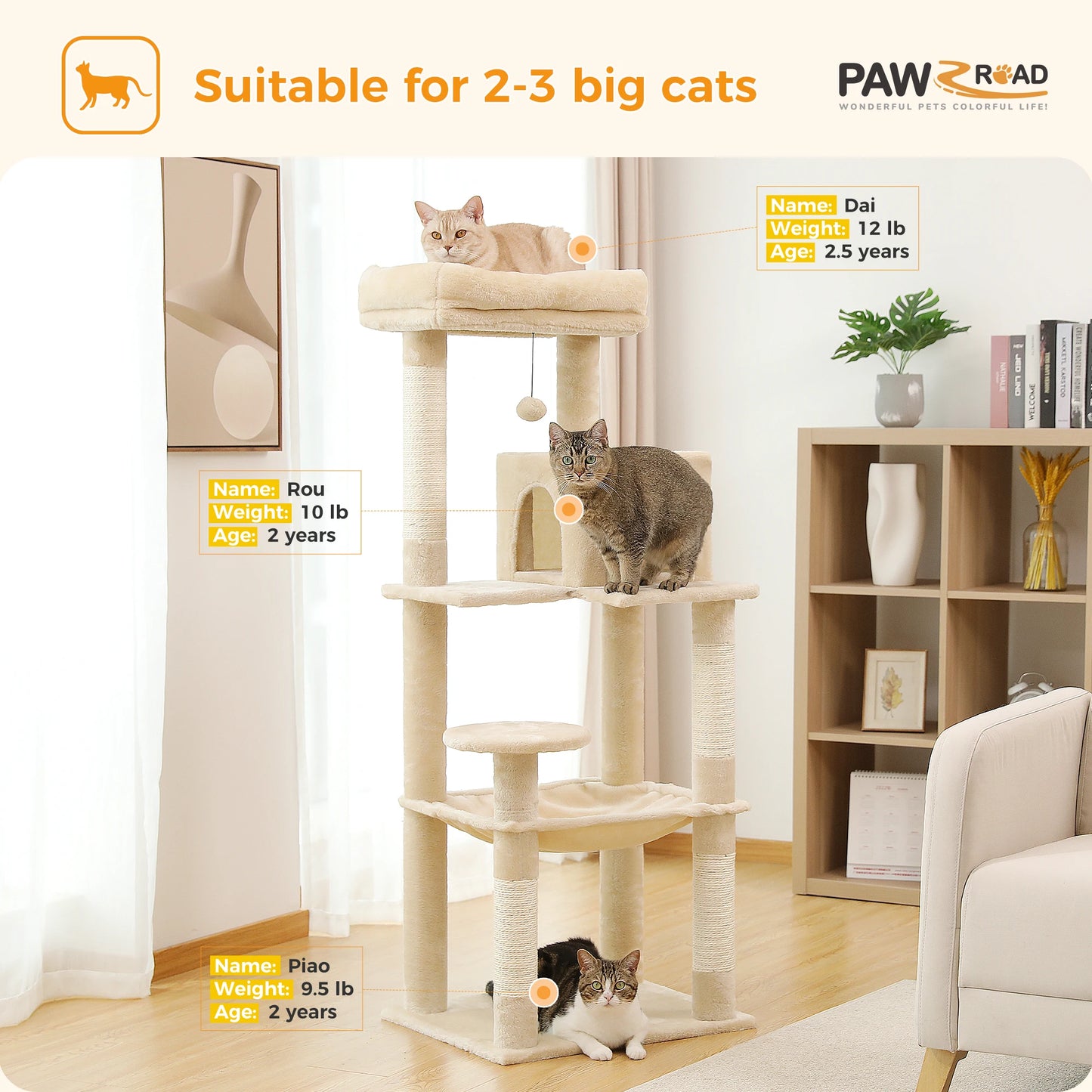 PAWZ Road 5 Level Cat Tree Indoor Large Cat Tower With Hammock