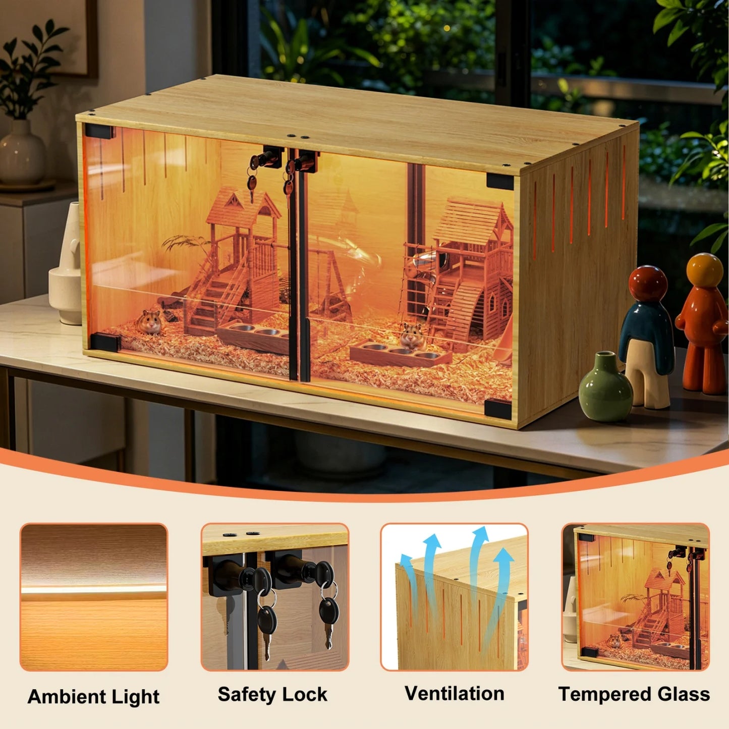 Wooden Hamster Cage With Removable Divider And Tempered Glass Panels