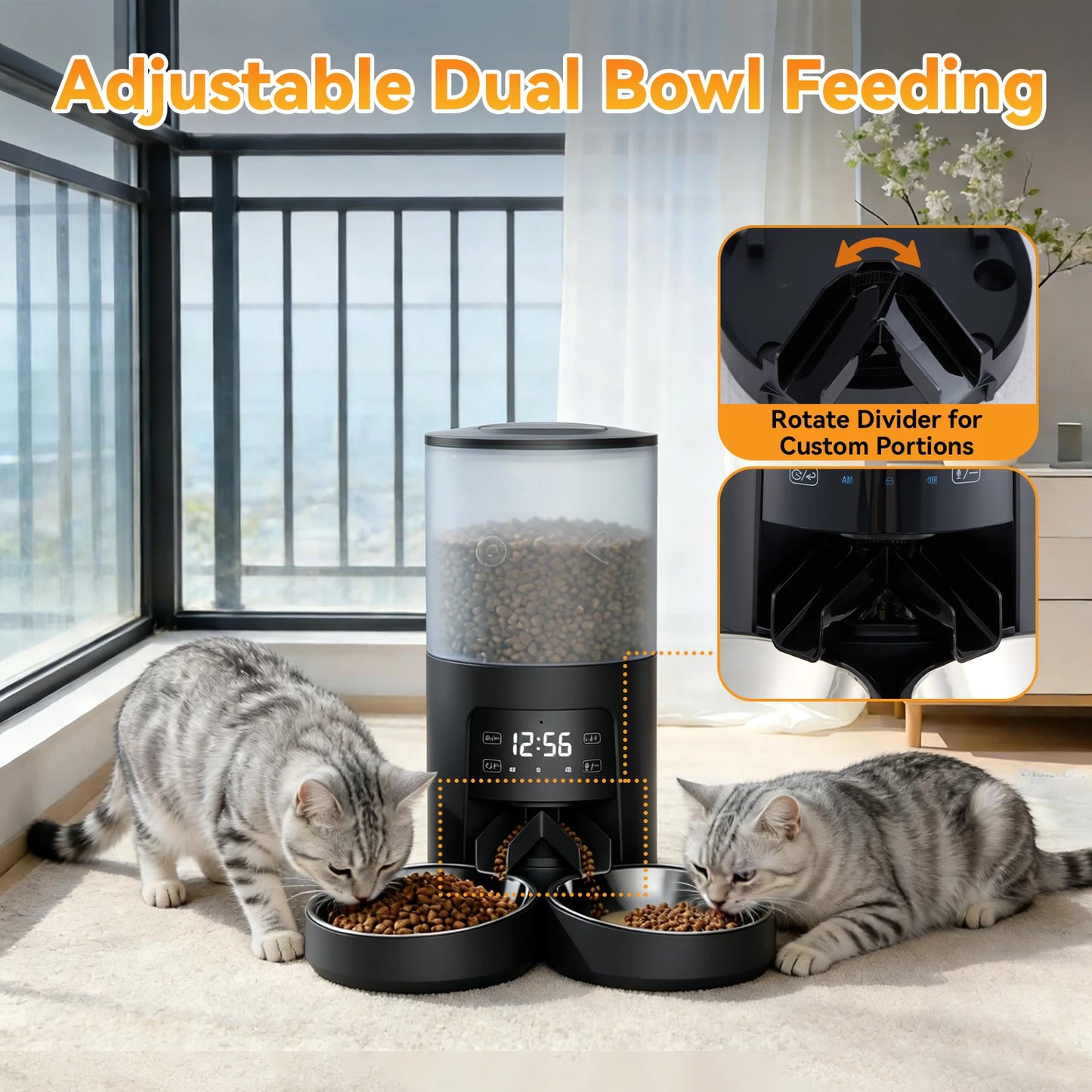 Automatic Cat Feeder With 2 Stainless Bowls And Timed Dispenser