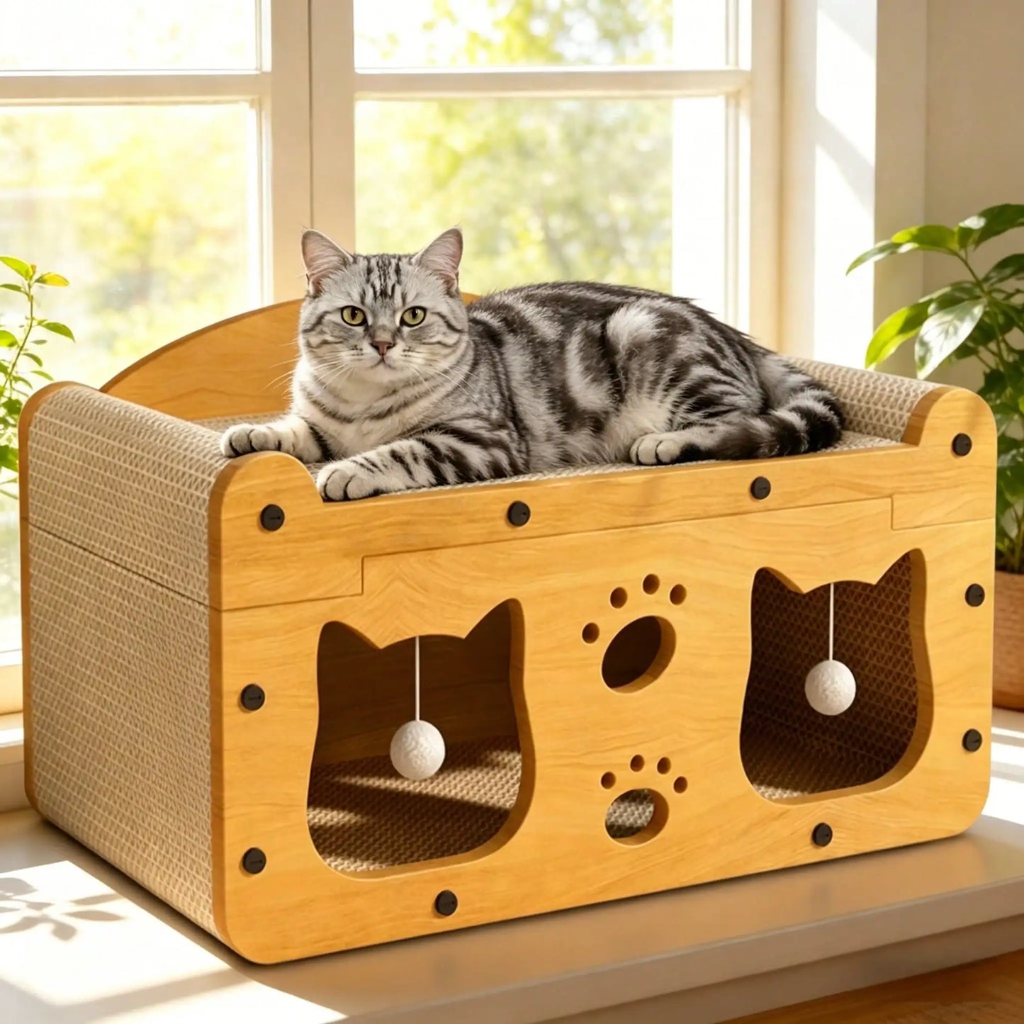 2In1 Feline Cat Scratcher Lounge Bed With Pom Balls