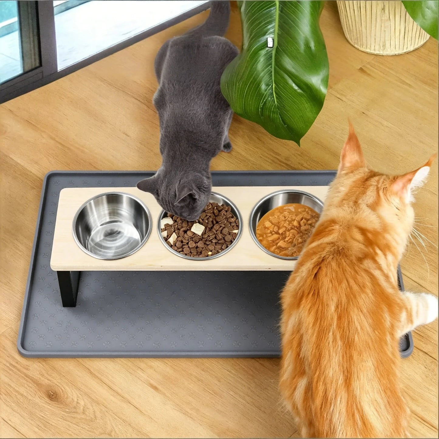 Elevated Cat Feeder With Tilted Bamboo Iron Stand Bowls