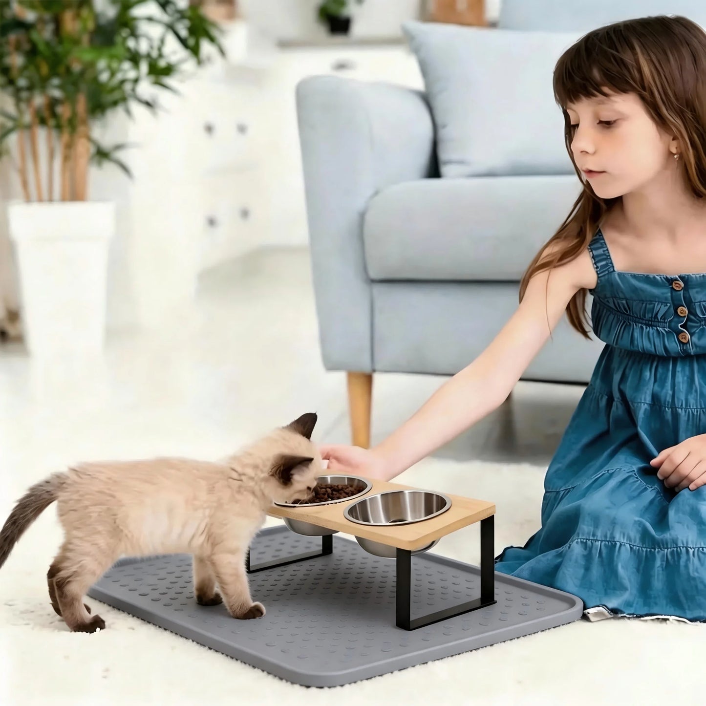Elevated Tilted Cat Bowl Set With Wooden Stand Anti Vomiting