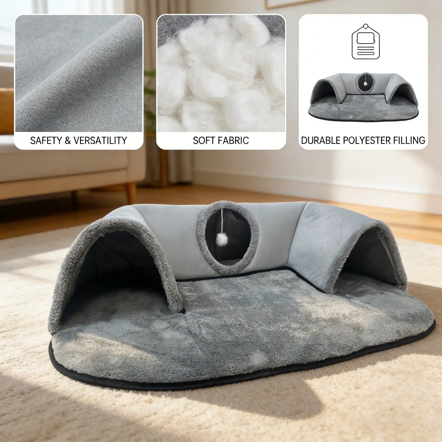 2 In 1 Cat Tunnel Bed With Plush Cushion And Hideaway Cave