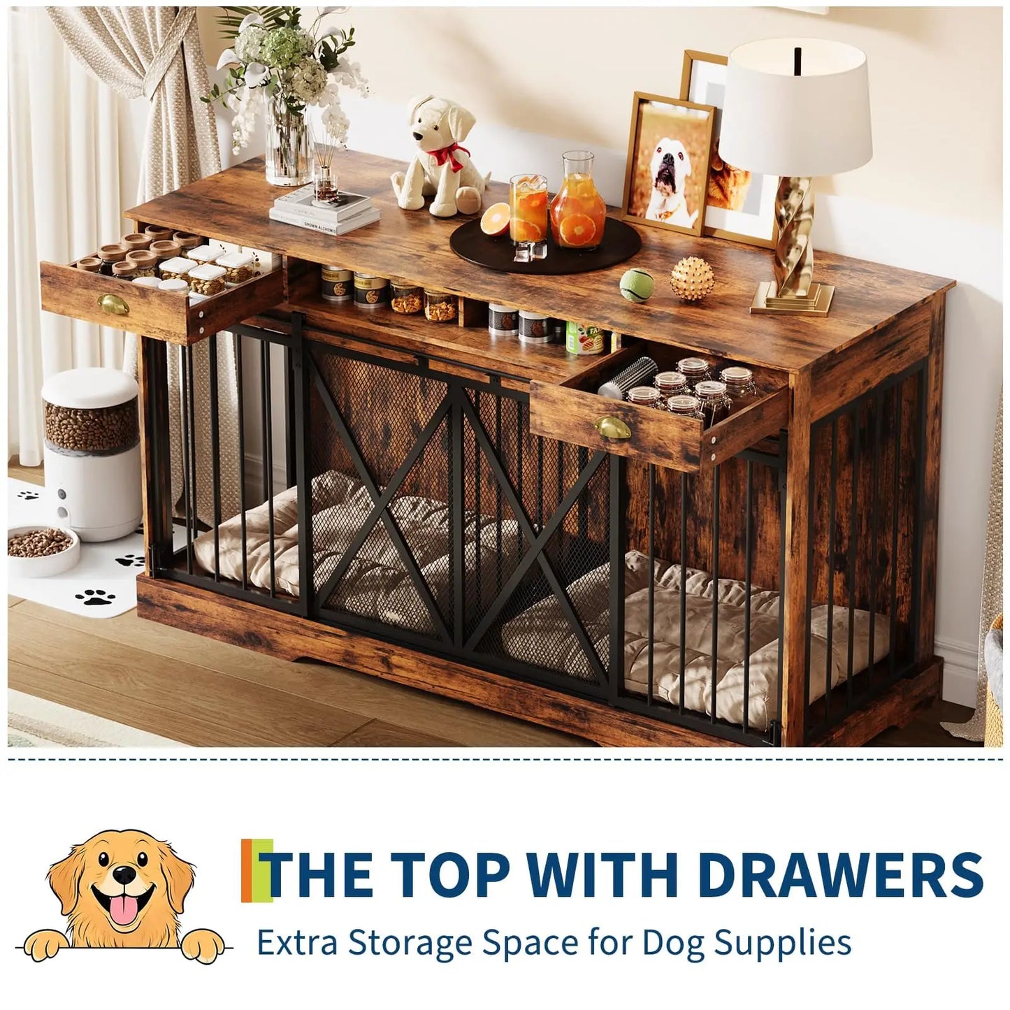 Double Dog Crate Furniture With Sliding Doors And Removable Divider