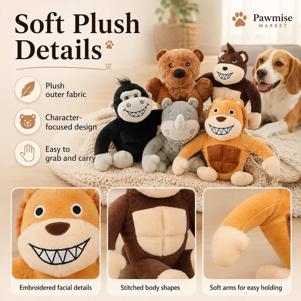 Five Piece Plush Squeaky Pet Toys For Dogs And Cats