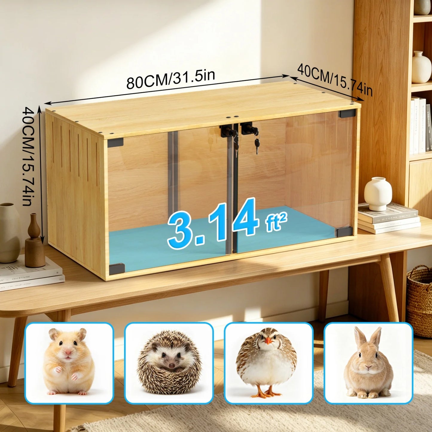 Wooden Hamster Cage With Removable Divider And Tempered Glass Panels