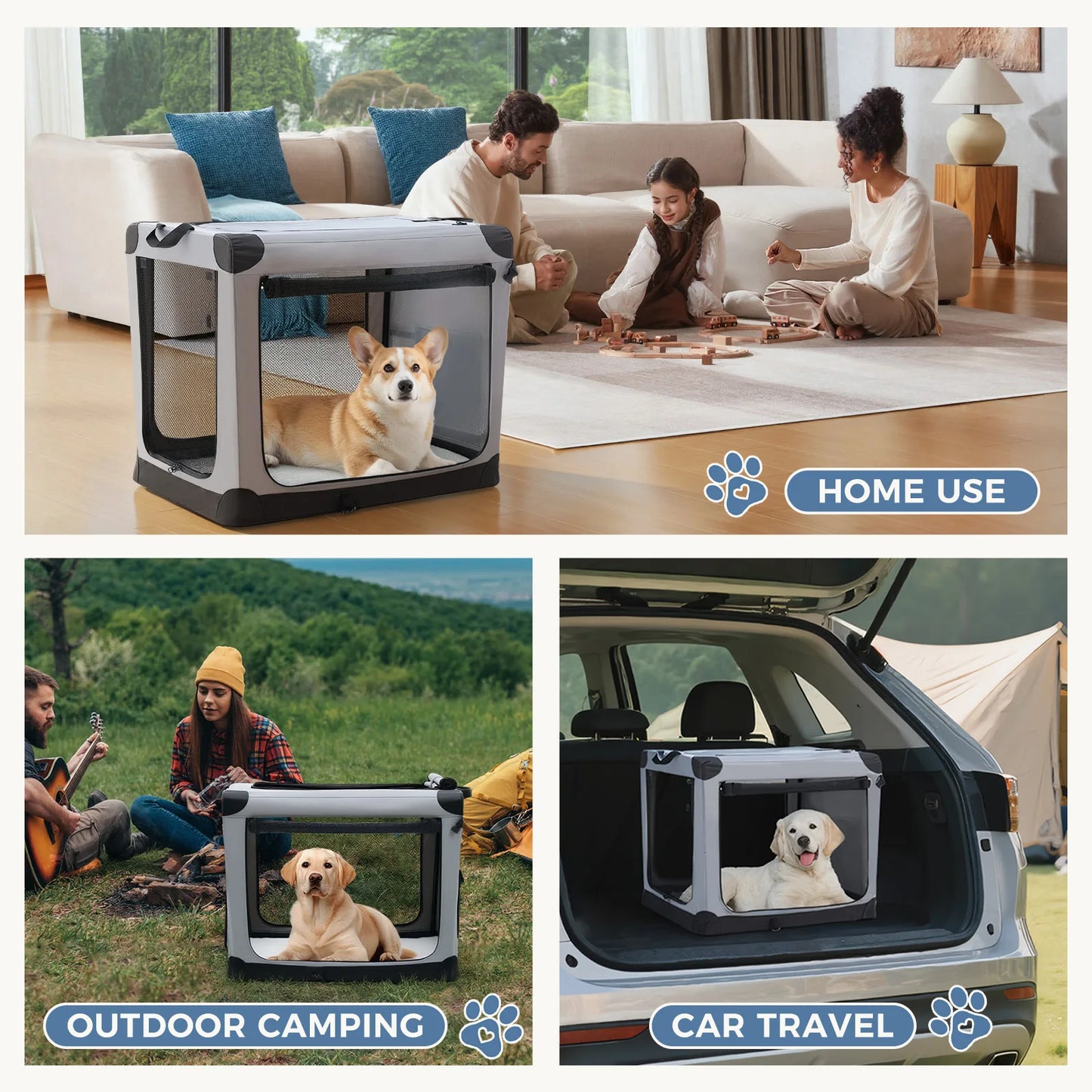 JHK Foldable Soft Dog Crate With Three Doors Indoor Use