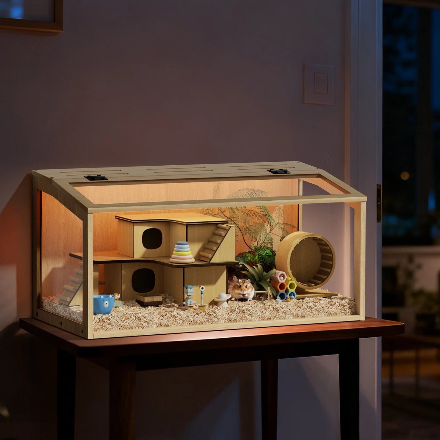 Large Wooden Hamster Cage With Integrated LED Light And Safety