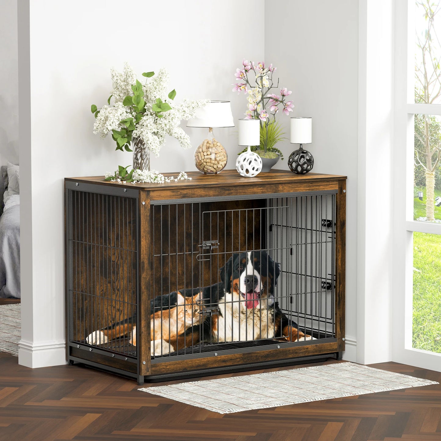BORWART Large Elevated Dog Crate End Table Kennel With Double Door