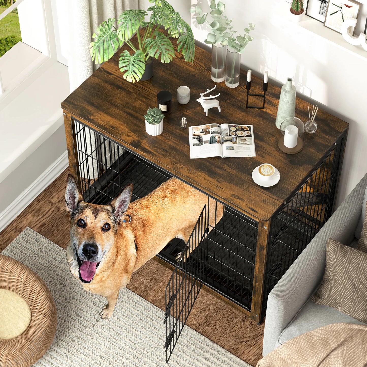 BORWART Large Elevated Dog Crate End Table Kennel With Double Door