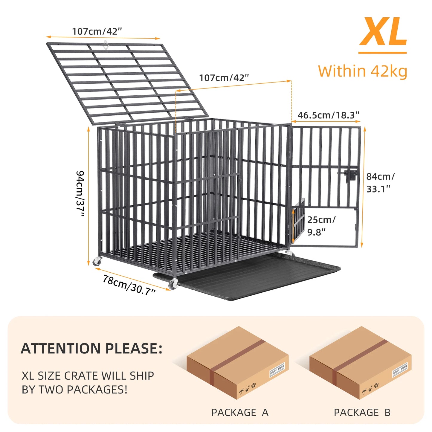 BINGOPAW Heavy Duty Dog Crate With Lockable Wheels And Tray