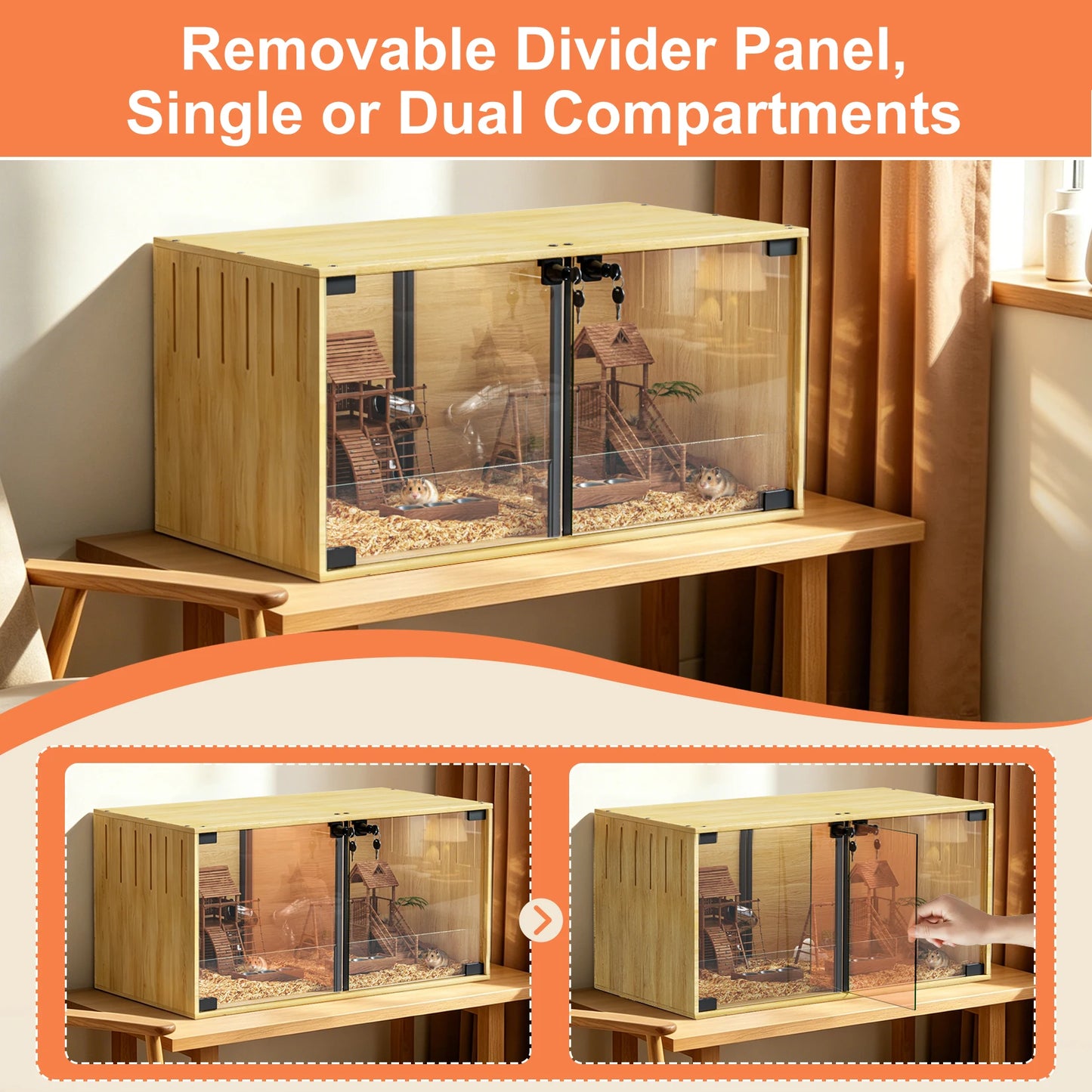 Wooden Hamster Cage With Dual Doors And Removable Divider