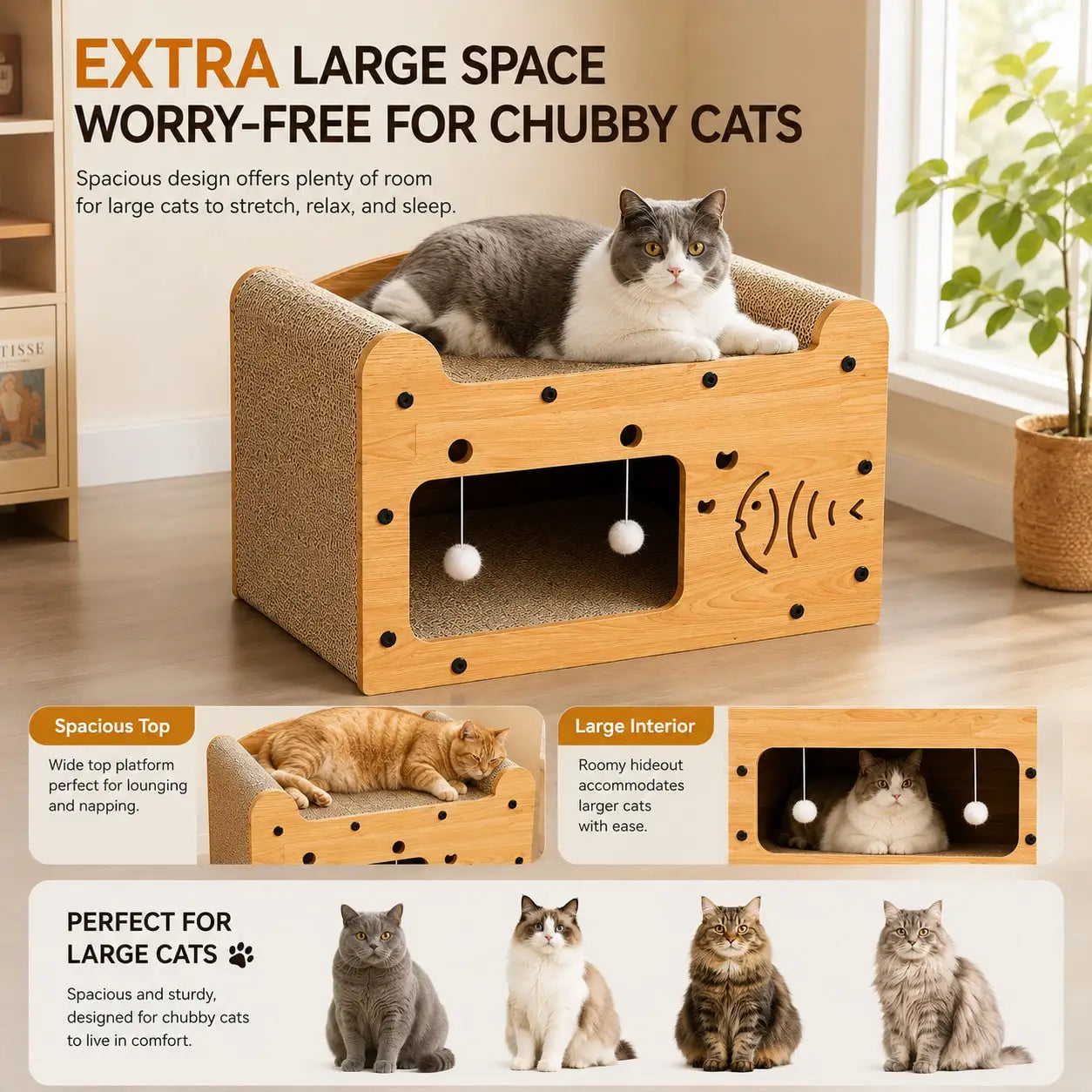2In1 Feline Cat Scratcher Lounge Bed With Pom Balls