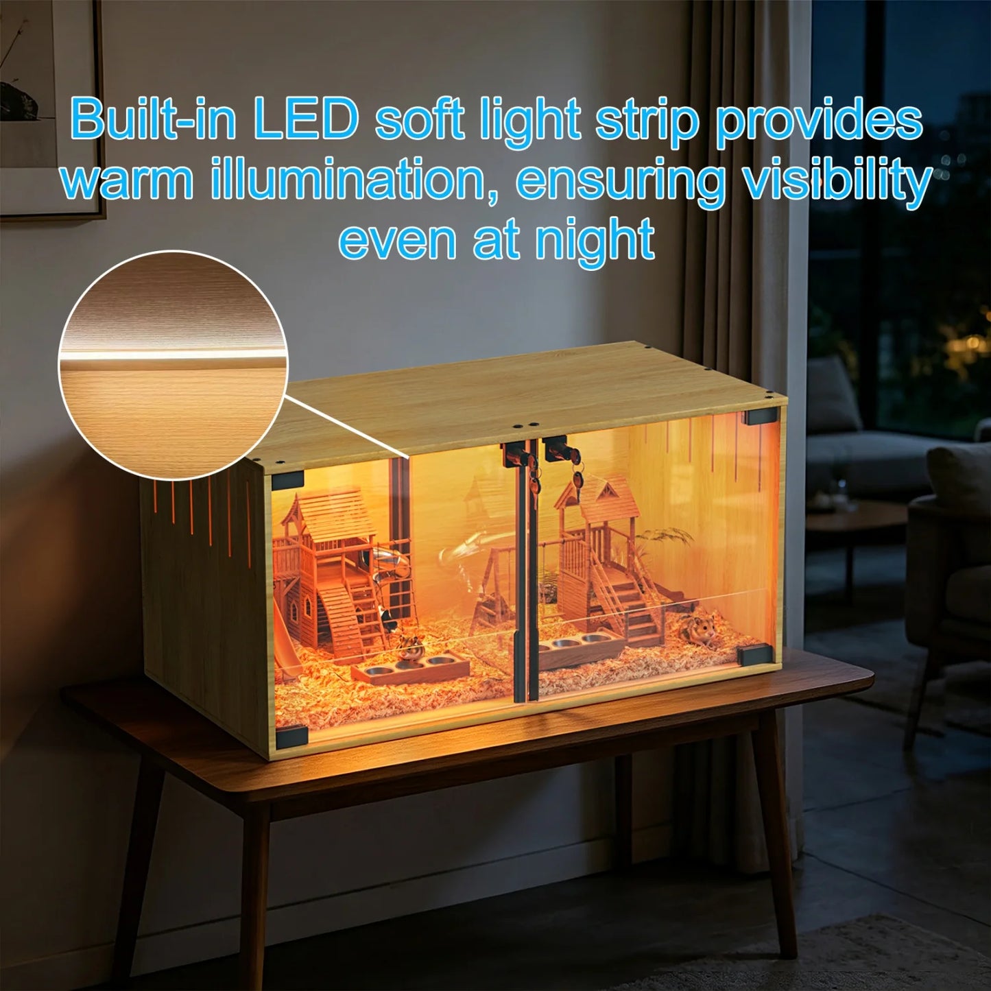 Wooden Hamster Cage With Removable Divider And Tempered Glass Panels