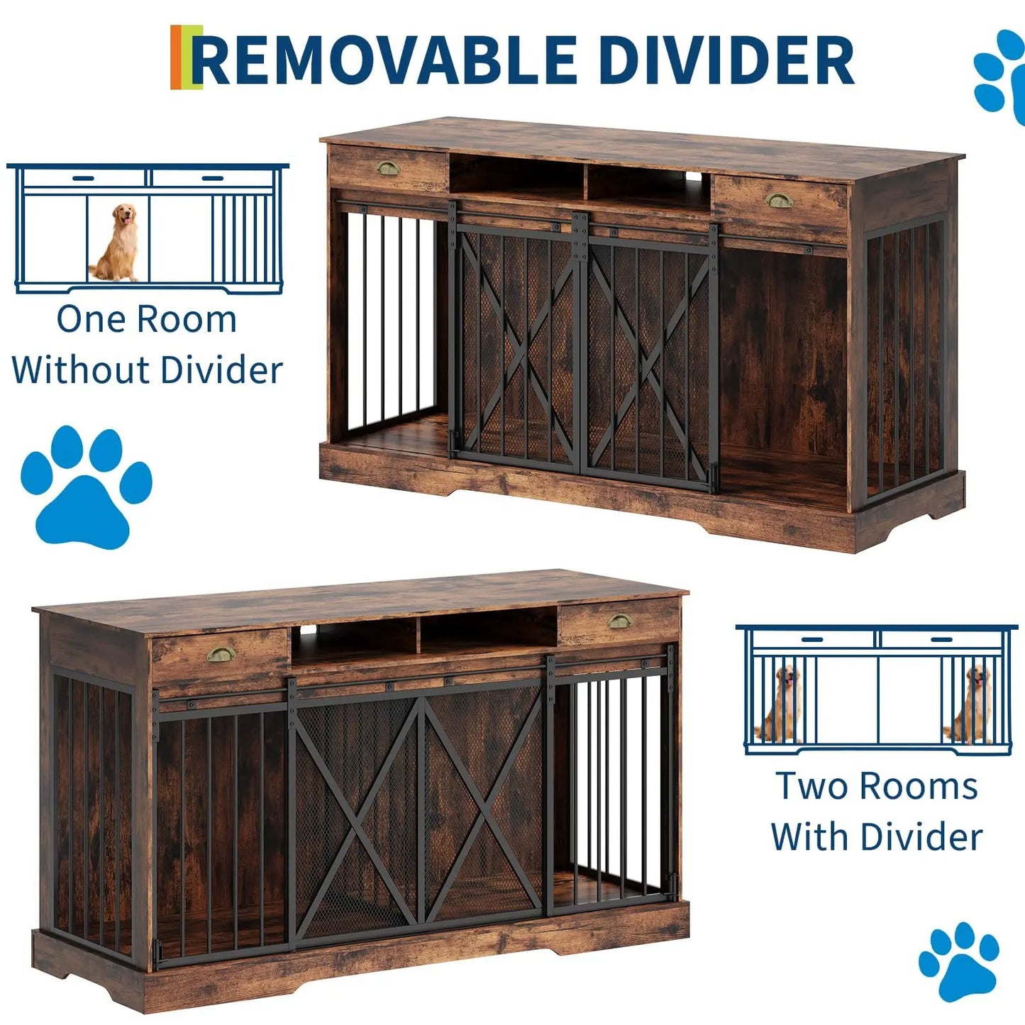 Double Dog Crate Furniture With Sliding Doors And Removable Divider