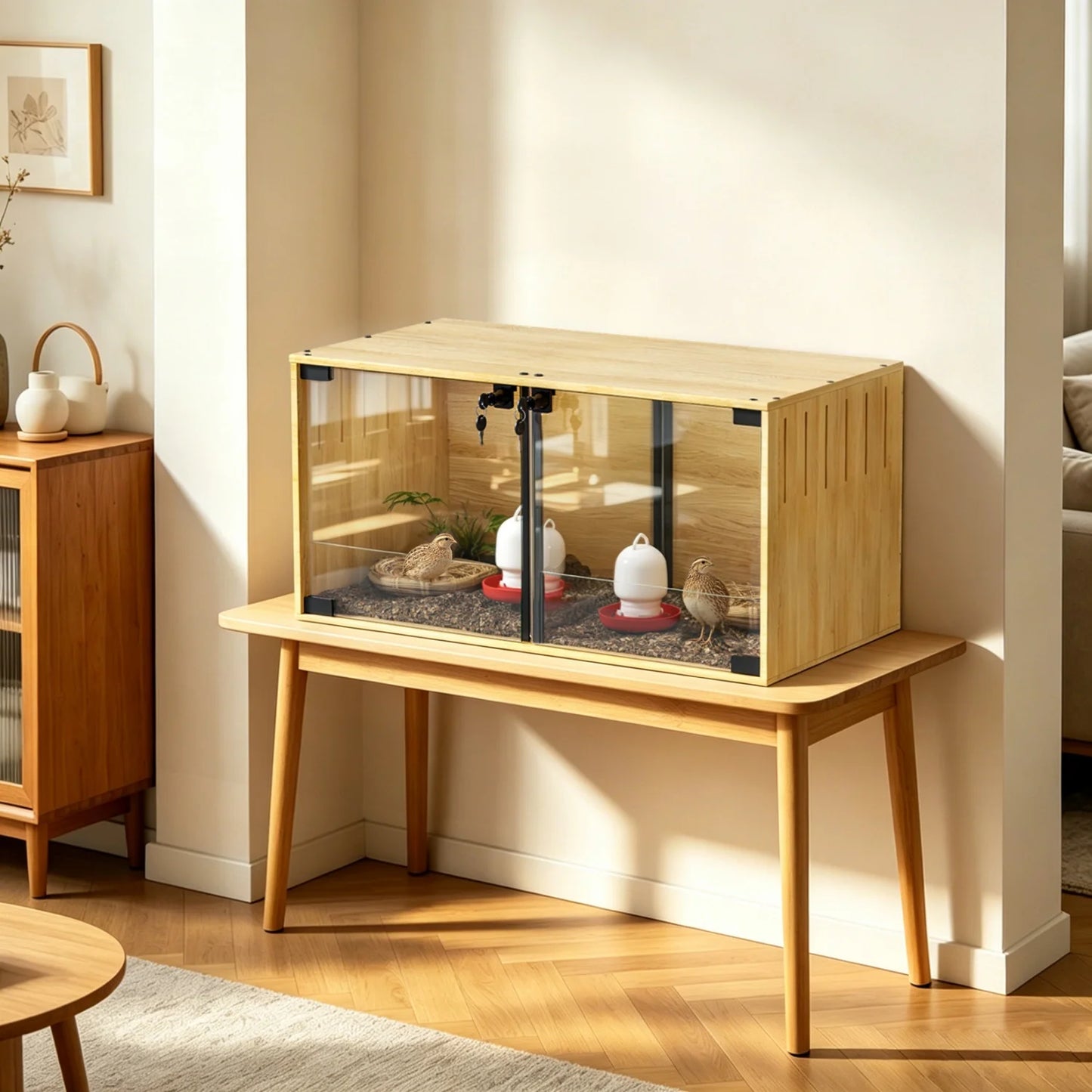 Wooden Hamster Cage With Removable Divider And Tempered Glass Panels
