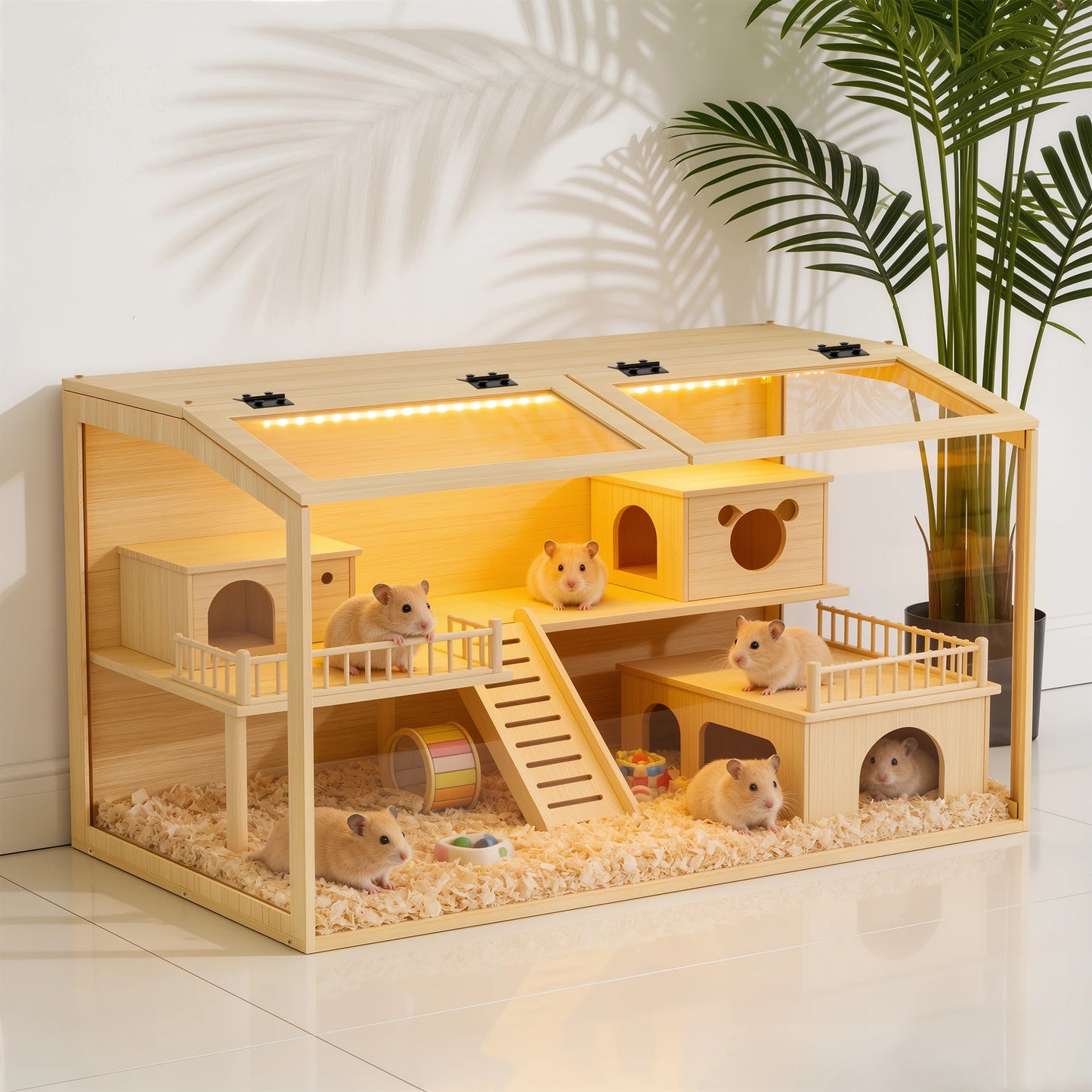 Large Wooden Hamster Cage With Integrated LED Light And Safety