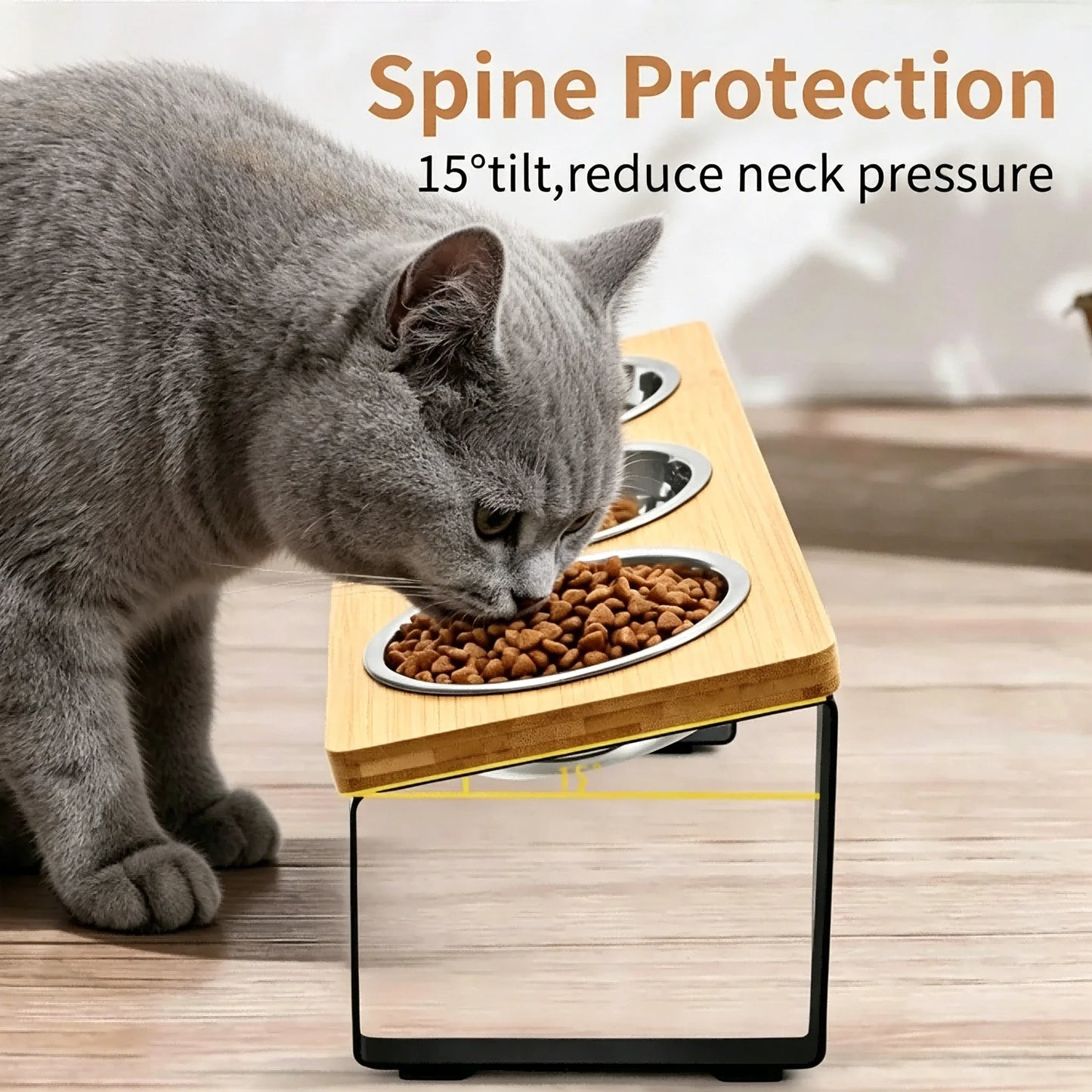Elevated Cat Feeder With Tilted Bamboo Iron Stand Bowls