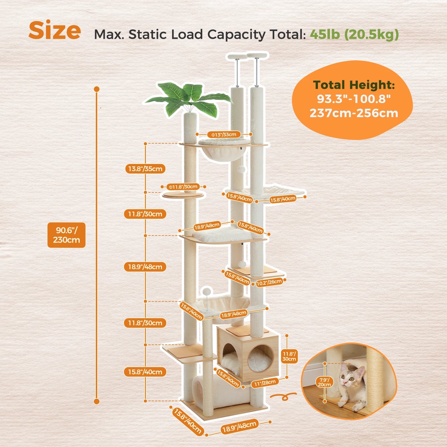 PAWZ Road Height Adjustable Wooden Cat Tree With Large Hammock