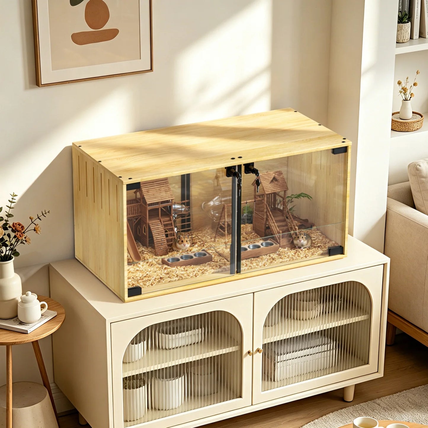 Wooden Hamster Cage With Removable Divider And Tempered Glass Panels