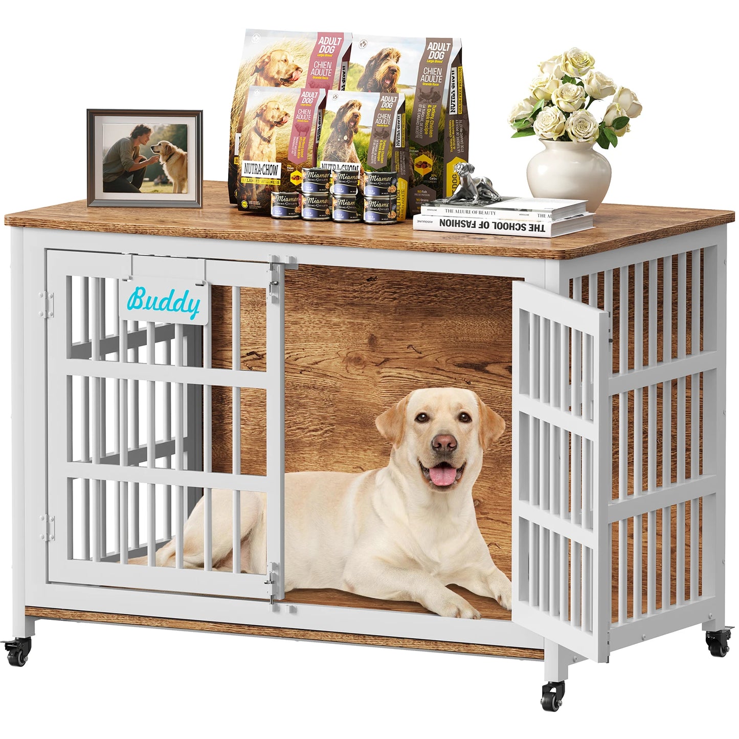 Heavy Duty Dog Crate Furniture With Casters For Indoor Use