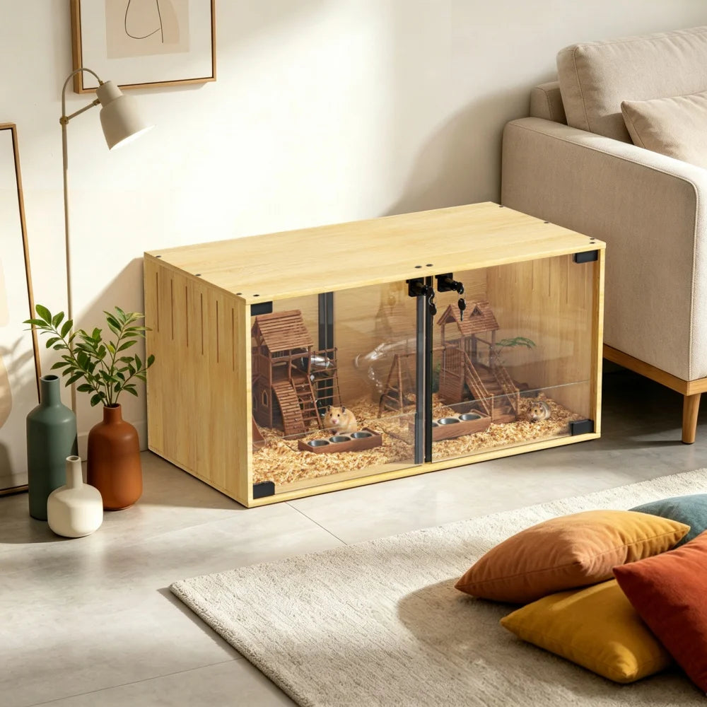 Wooden Hamster Cage With Dual Doors And Removable Divider