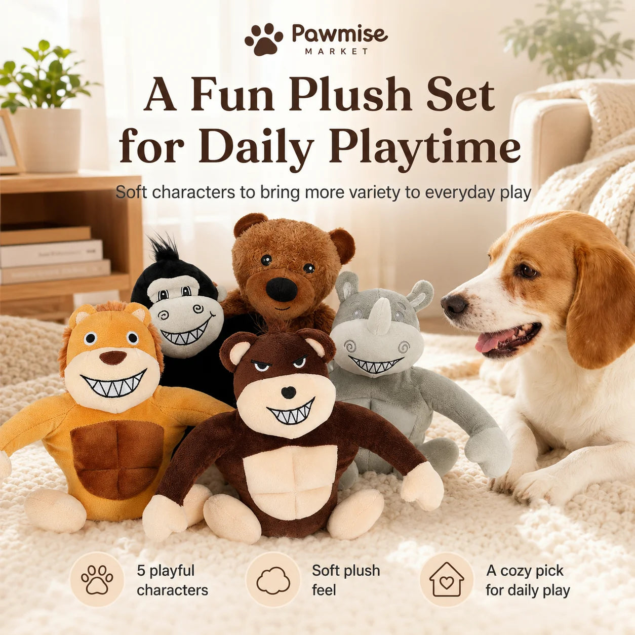 Five Piece Plush Squeaky Pet Toys For Dogs And Cats