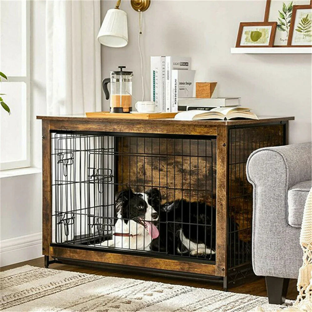 BORWART Large Elevated Dog Crate End Table Kennel With Double Door