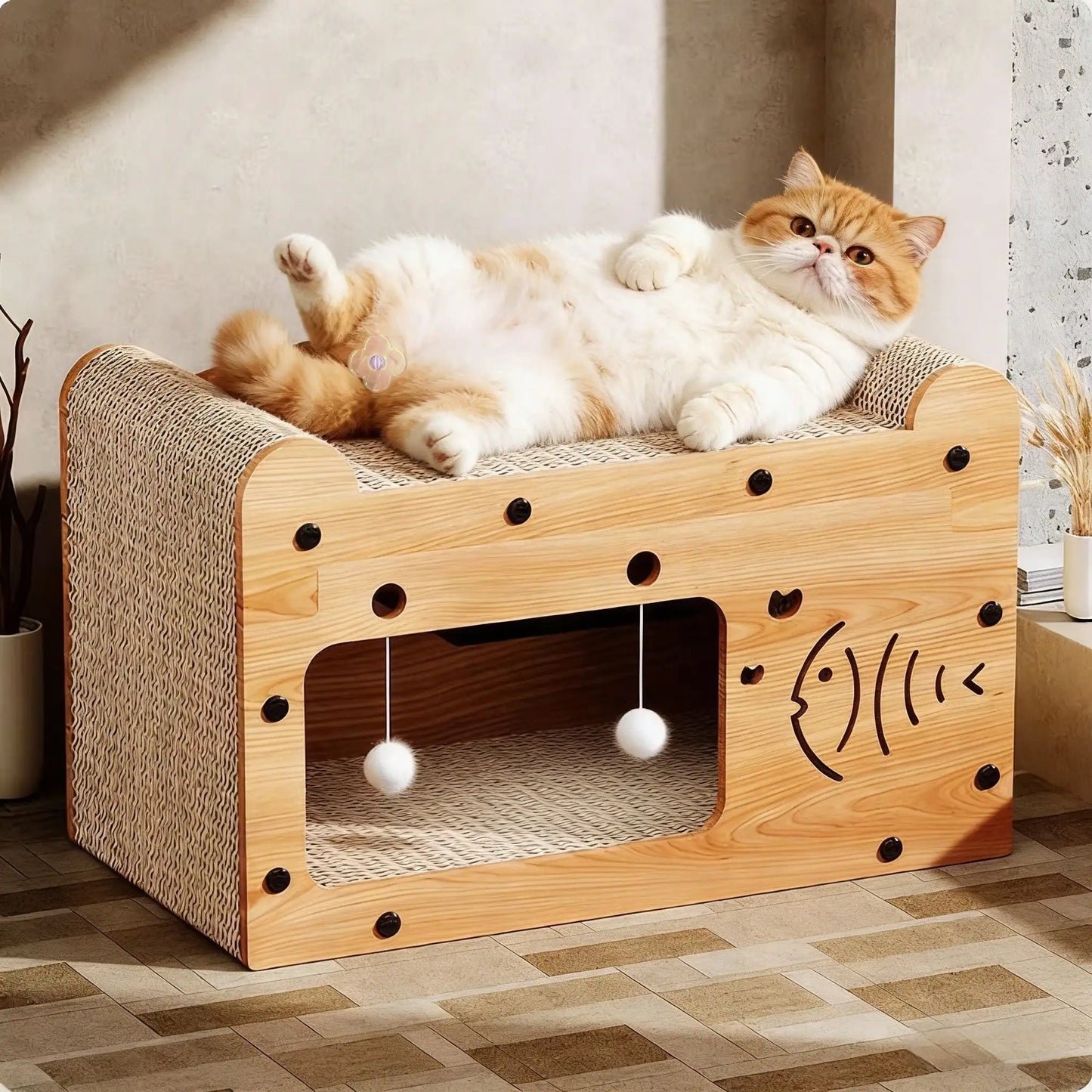 2In1 Feline Cat Scratcher Lounge Bed With Pom Balls