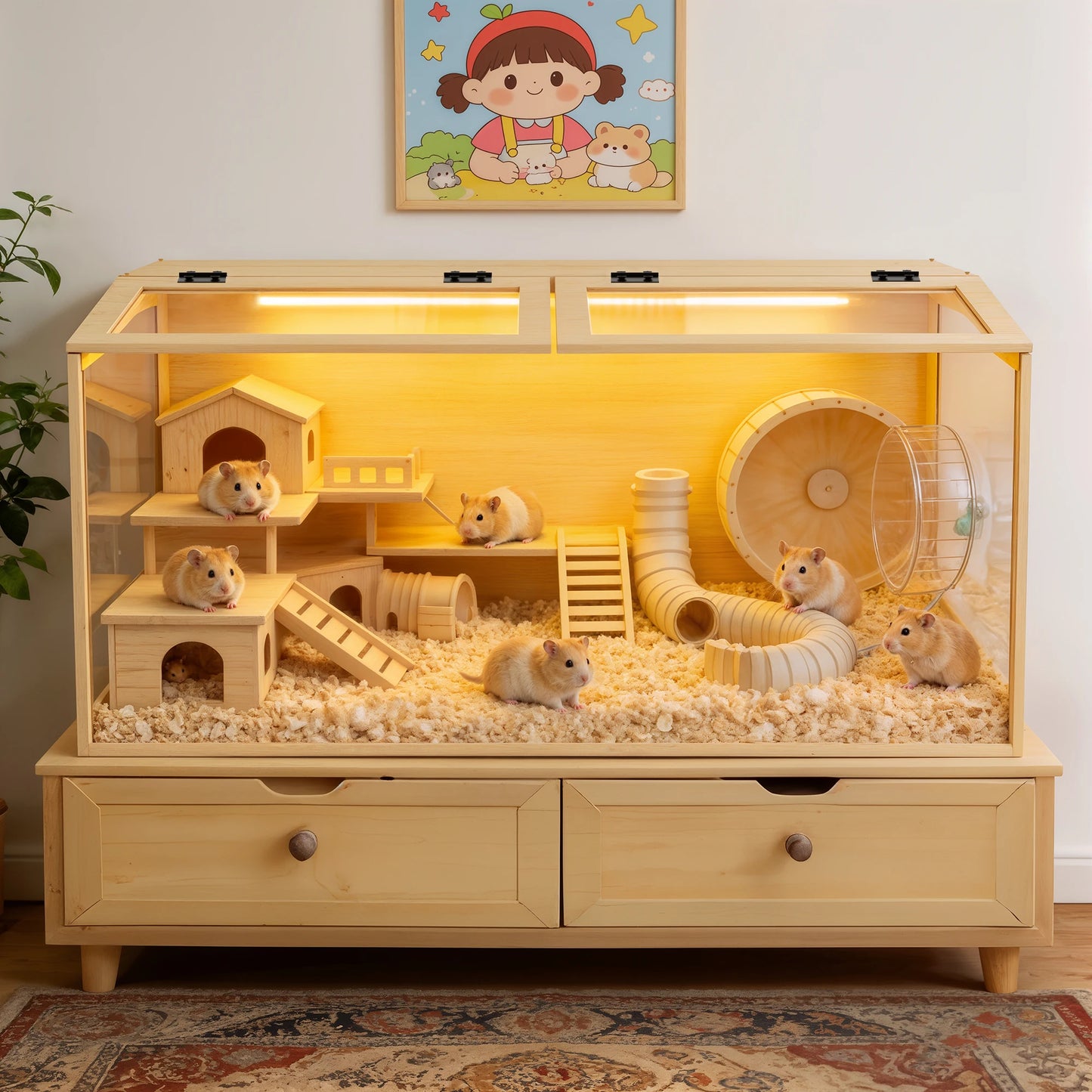 Large Wooden Hamster Cage With Integrated LED Light And Safety